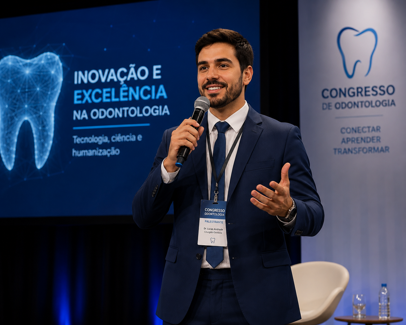 Dr. Lucas Andrade lecturing at a dentistry congress